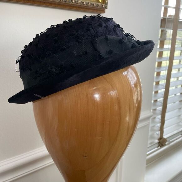 Vintage 60s Black Hat Veil Grossgrain Ribbon Bow Band Small - Picture 4 of 8